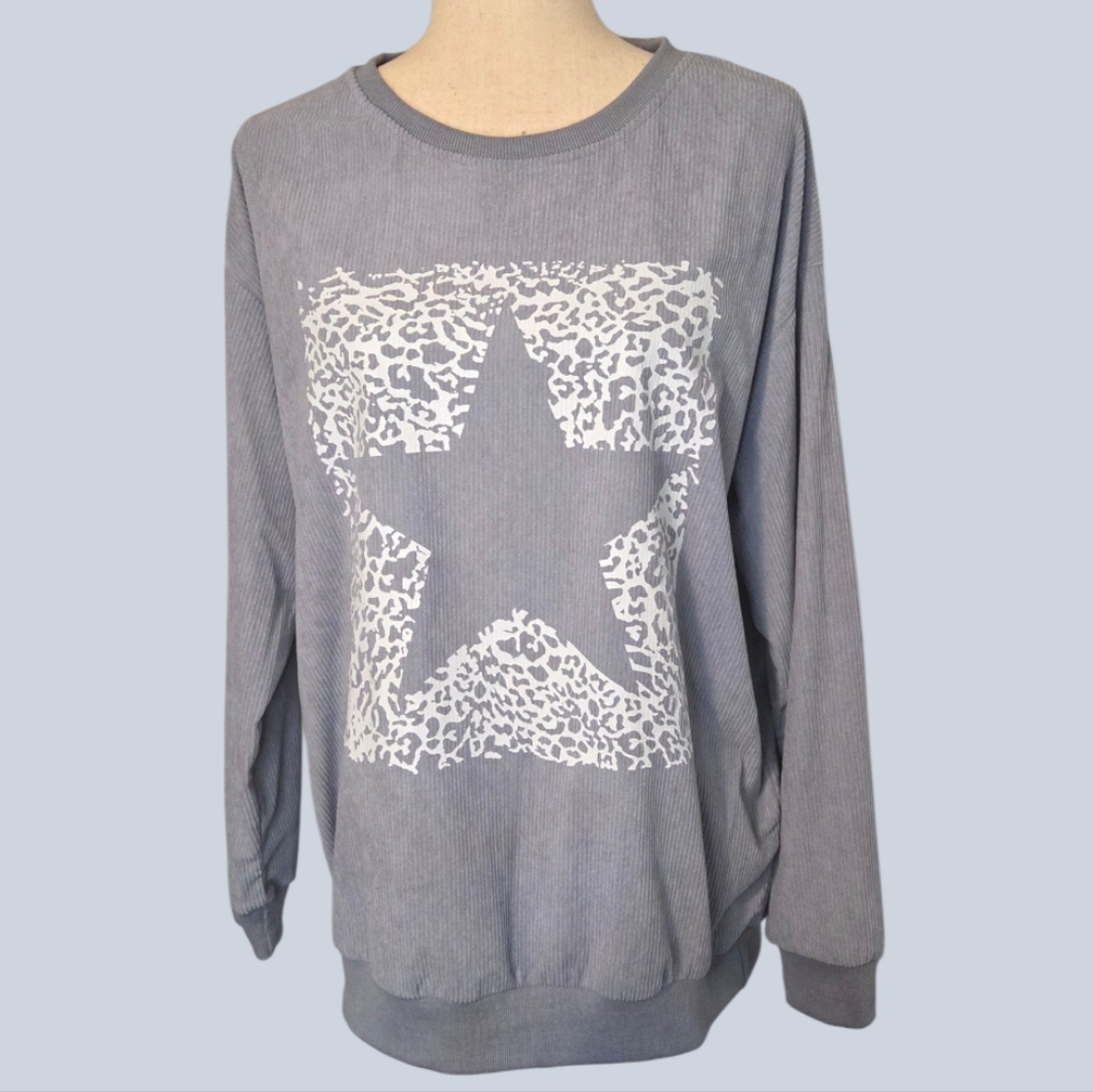 Gray Star Graphic Sweatshirt | Leopard Print Star | Relaxed Chic Lounge Top - Picture 2 of 8